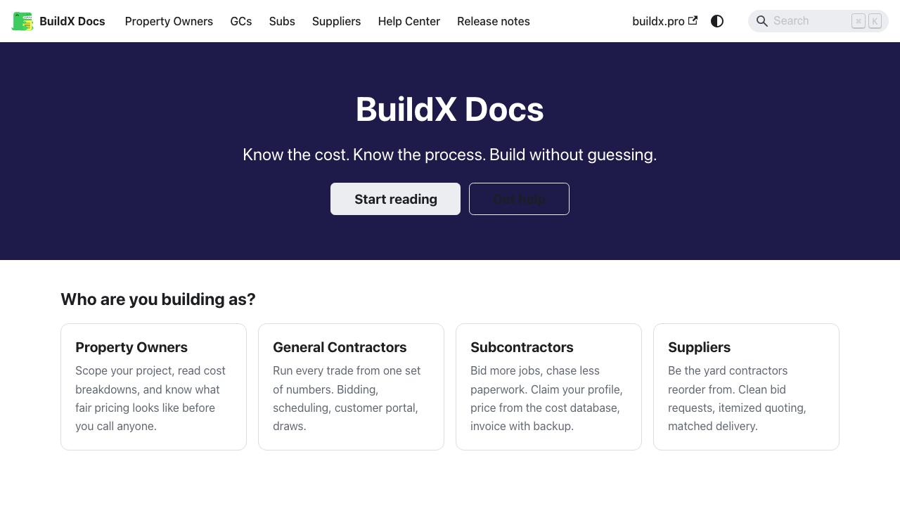 BuildX docs home with audience guides
